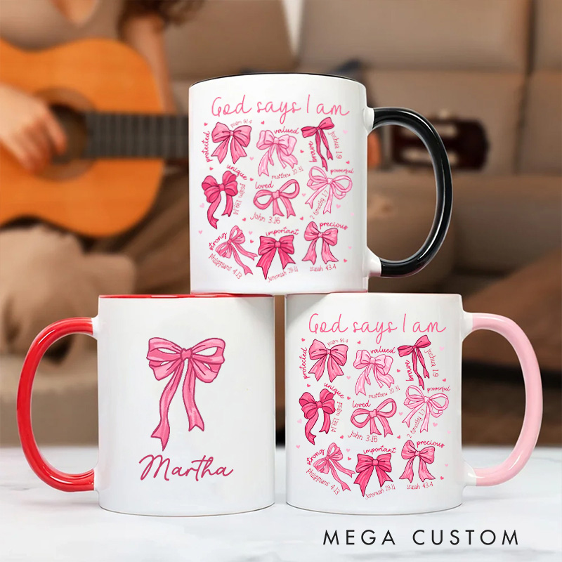 Personalized God Says I am Christian 11oz Ceramic Mug with Name Women Pink Coquette Bow Ceramic Inner Color Mug Bible Verse Mug Jesus Mug Faith Gift