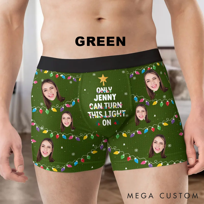 Personalized Girlfriend Wife Face Boxer Briefs Men Christmas Underwear with Face Photo Only Her Can Turn This Light On Xmas Gift for Boyfriend Husband
