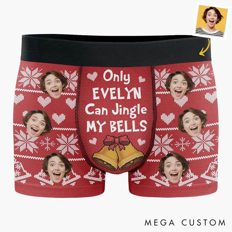 Personalized Girlfriend Wife Face Photo Boxer Briefs Men Ugly Sweater Design Christmas Underwear Only Her Can Jingle My Bells Boyfriend Husband Gift