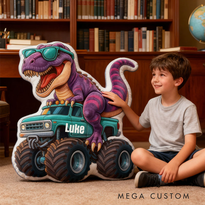 Personalized Dinosaur Monster Truck Name Custom Soft Decorative Gift Cool Adventure Style Fun Playful Cozy Boy Room Exciting Power Wheels Jurassic Fun Graphic 3D Print Pillow