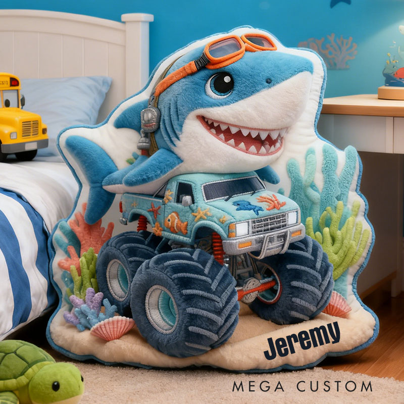 Personalized Shark Monster Truck Name Custom Soft Decorative Gift Ocean Adventure Style Fun Playful Cozy Boy Room Exciting Power Wheels Deep Sea Graphic 3D Print Pillow