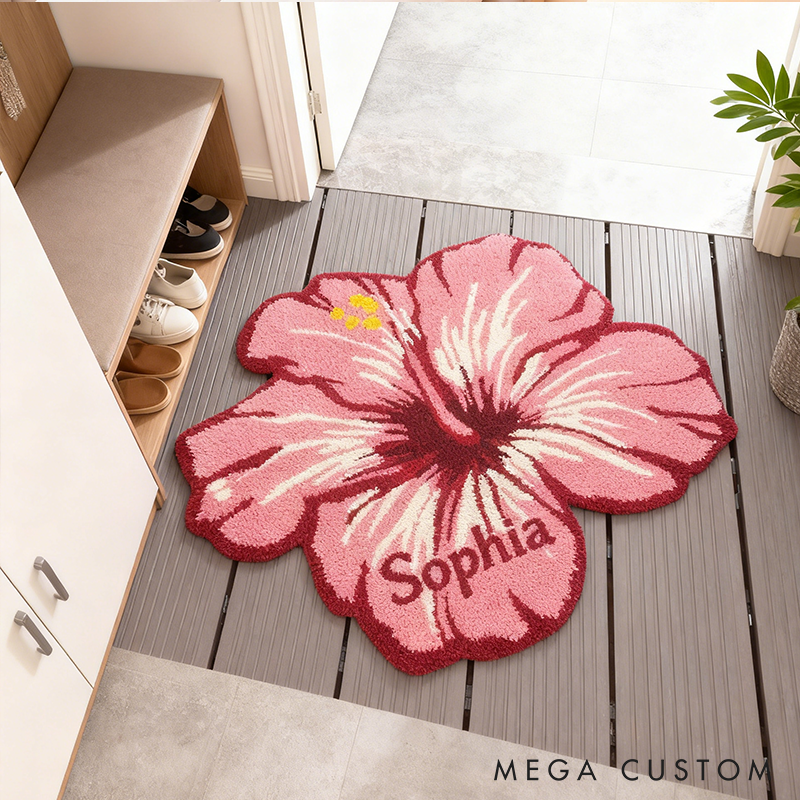 Personalized Hibiscus Door Mat with Name Anniversary Gift For Her Home Decor Birthday Gift For Girlfriend 