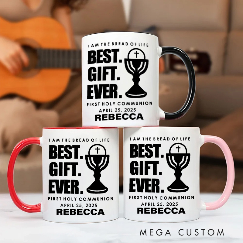 Personalized I am the Bread of Life 11oz Ceramic Mug with Name Funny Catholic Ceramic Inner Color Mug for Kids First Communion Gift for Godchild