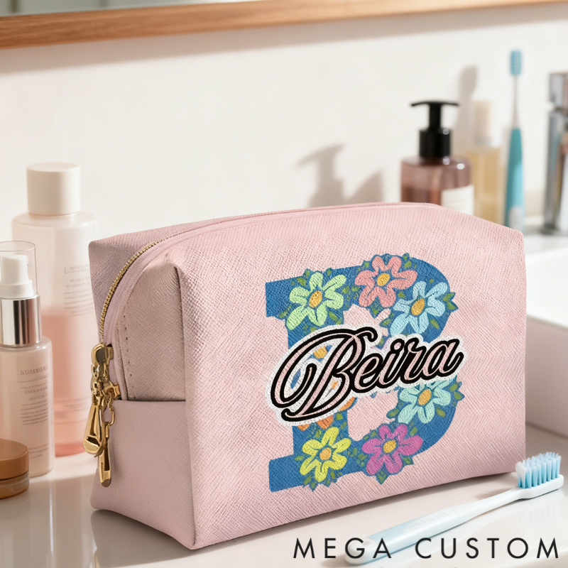 Personalized Floral Alphabet Toiletry Bag with Custom Name for Travel Daily Use