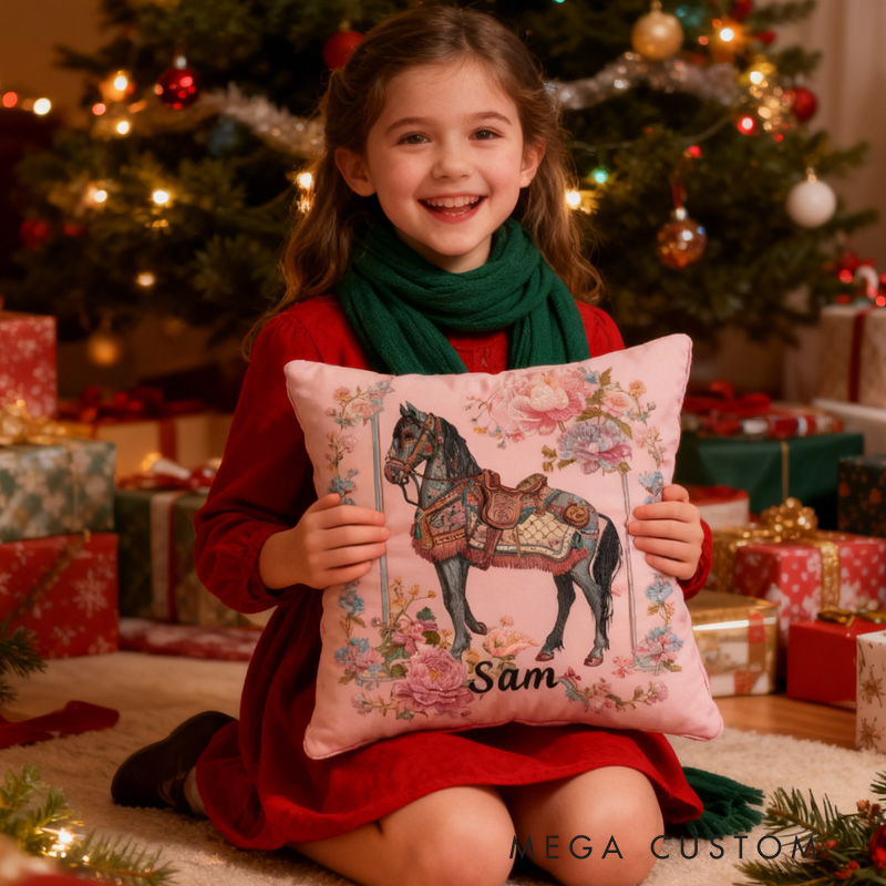 Personalized Riding Floral Horse Pillow Floral Horse Custom Name Festive Flower Decor with French Countryside Gifts for Family Graphic 3D Print Riding Lovers