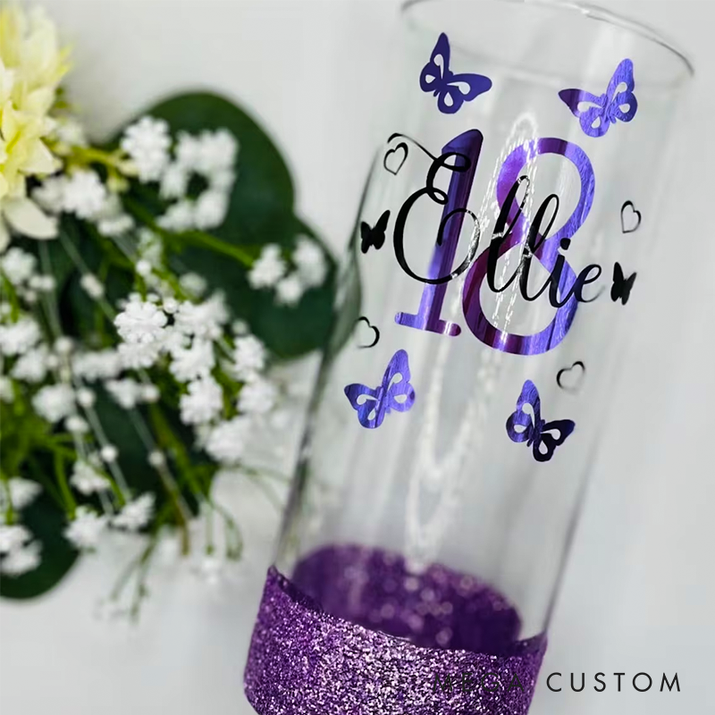 Personalised Glitter Birthday Glass Butterfly Name & Age 18th 21st Gift For Her 30th 40th 50th Lit Bottle Gin Wine