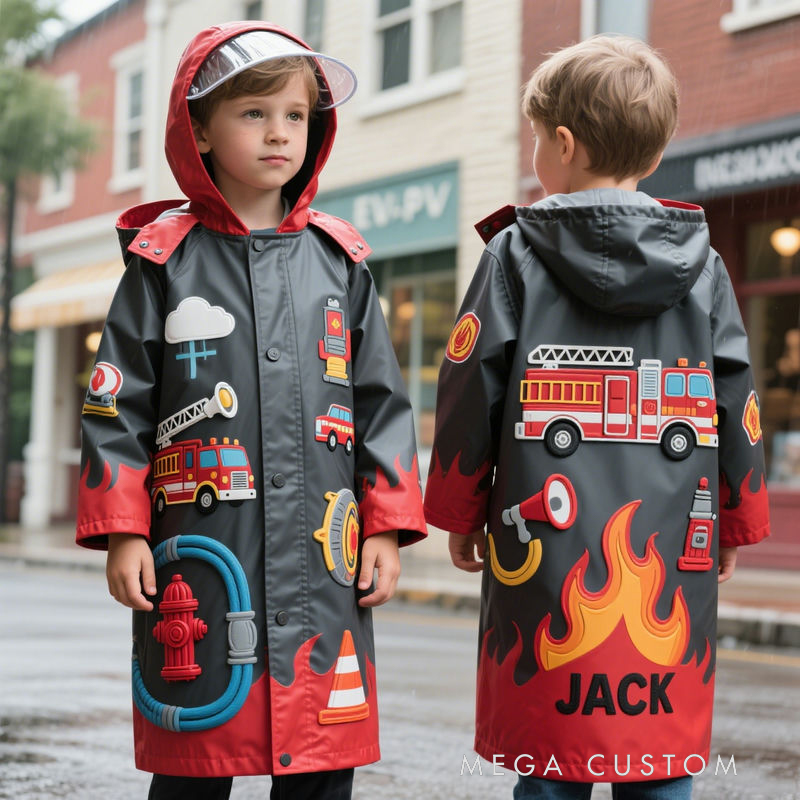 Personalized Kids Firefighter Themed Waterproof Raincoat 100% Waterproof Kids Firefighter Raincoat – Heavy-Duty PU Rain Gear with Full Weather Protection & Playful 3D Details
