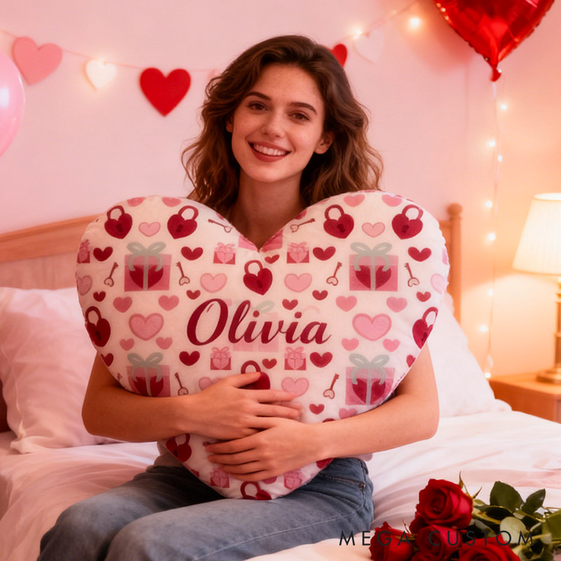 Personalized Girl friend Heart Shaped Love Lock Pillow Custom Couple Name Valentines Day Cushion Anniversary Date Night Gift for Her Wife Girlfriend