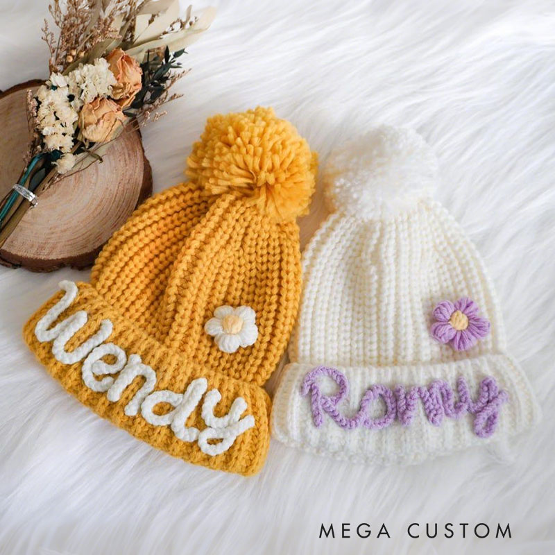 Personalized Knit Kids Beanie with PomPom Handmade Winter Hat Gift for Kids
