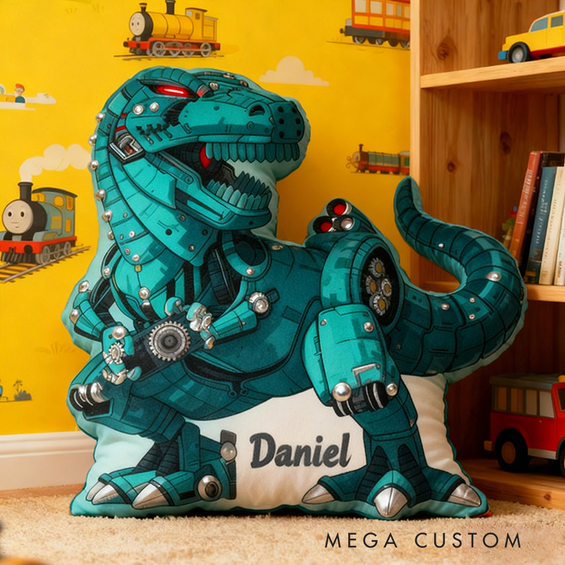 Personalized Robot Dinosaur Name Custom Soft Decorative Gift Futuristic Mechanical Style Fun Playful Cozy Boy Room Exciting Tech Power Jurassic Metal Graphic 3D Print Pillow