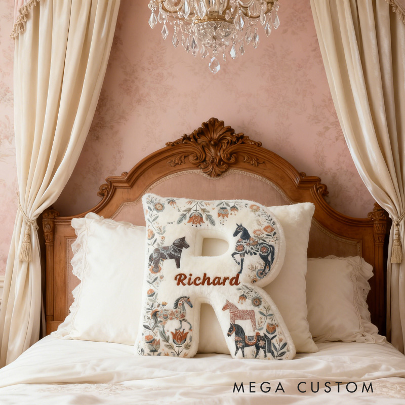 Personalized Riding Colorful Floral Letter Pillow Floral Horse Custom Name Festive Flower Decor with French Countryside Gifts for Family Graphic 3D Print for Riding Lovers Equestrian Lovers