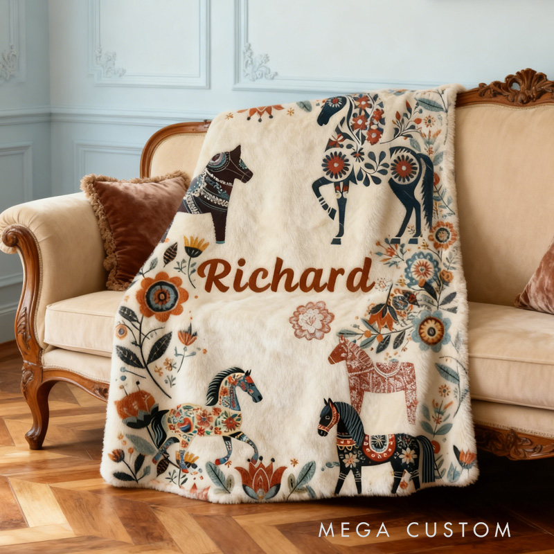 Personalized Riding Floral Blanket Floral Horse Custom Name Throw Blanket Festive Flower Decor with French Countryside Gifts Family Blanket for Riding Lovers Equestrian Lovers