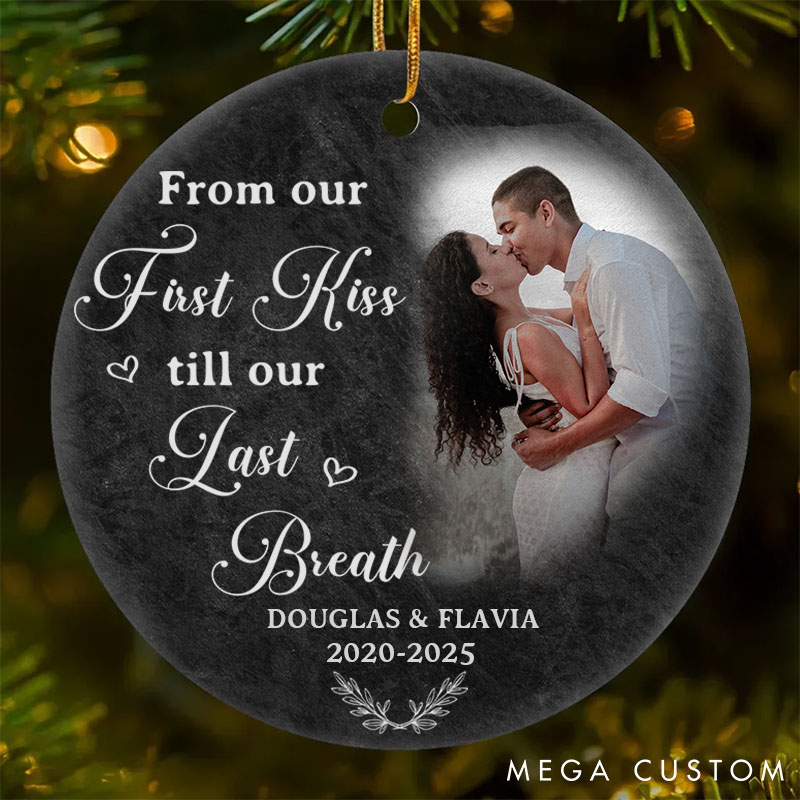 Personalized Couple Photo My Favorite Place in All the World is Next to You Round and Heart Shaped Ceramic Ornament Christmas Valentines Day Gift