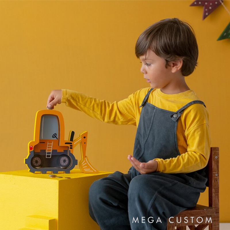 Personalized Excavator Piggy Bank, Bulldozer Custom Name Money Box, Tractor Piggy Banks for Boys Personalized, Construtction Vehicle, Digger