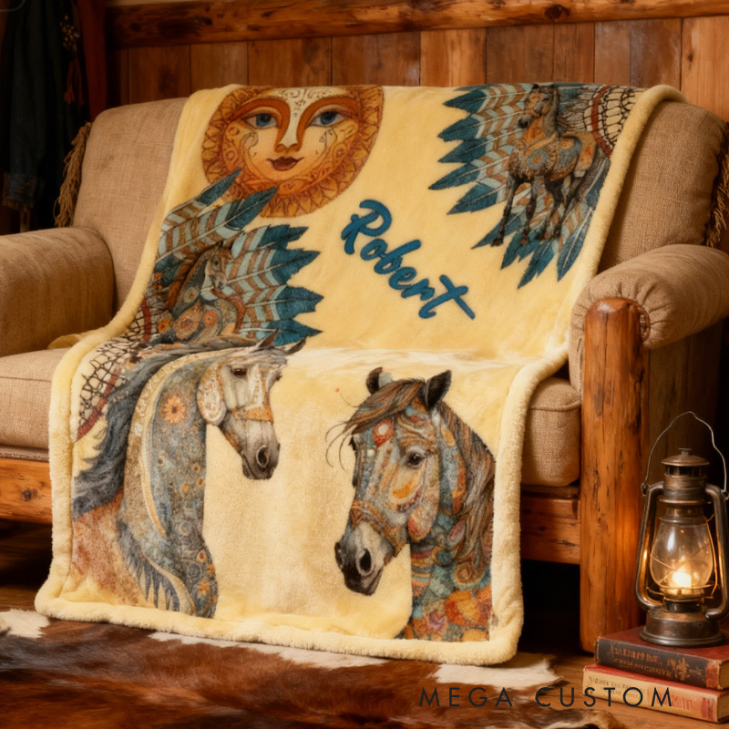Personalized Riding Feather Sun Blanket Flower Horse Custom Name Festive Flower Decor with French Countryside Gifts Family Blanket for Riding Lovers Equestrian Lovers