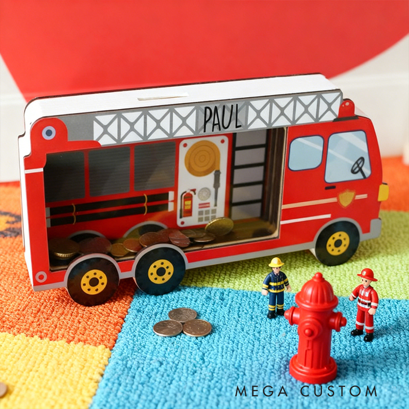 Personalized Fire Truck Piggy Bank, Custom Name Money Box, Fire Truck Piggy Banks for Boys Personalized, Construction Vehicle, Fire Truck