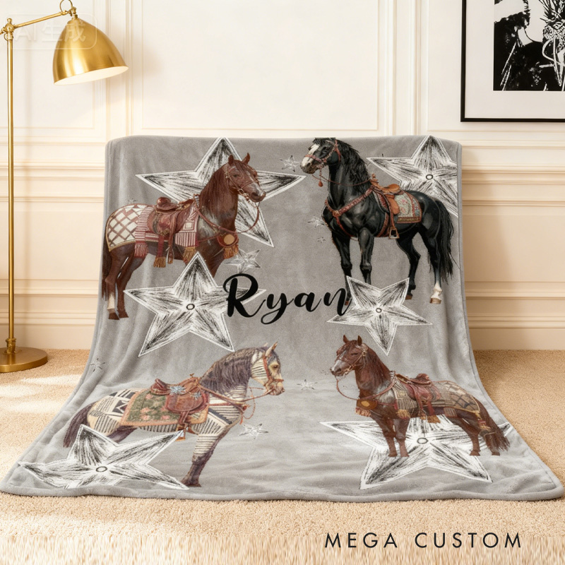 Personalized Riding Star Blanket Equestrian Horse Custom Name Festive Stars Decor with French Countryside Gifts Family Blanket for Riding Lovers Equestrian Lovers