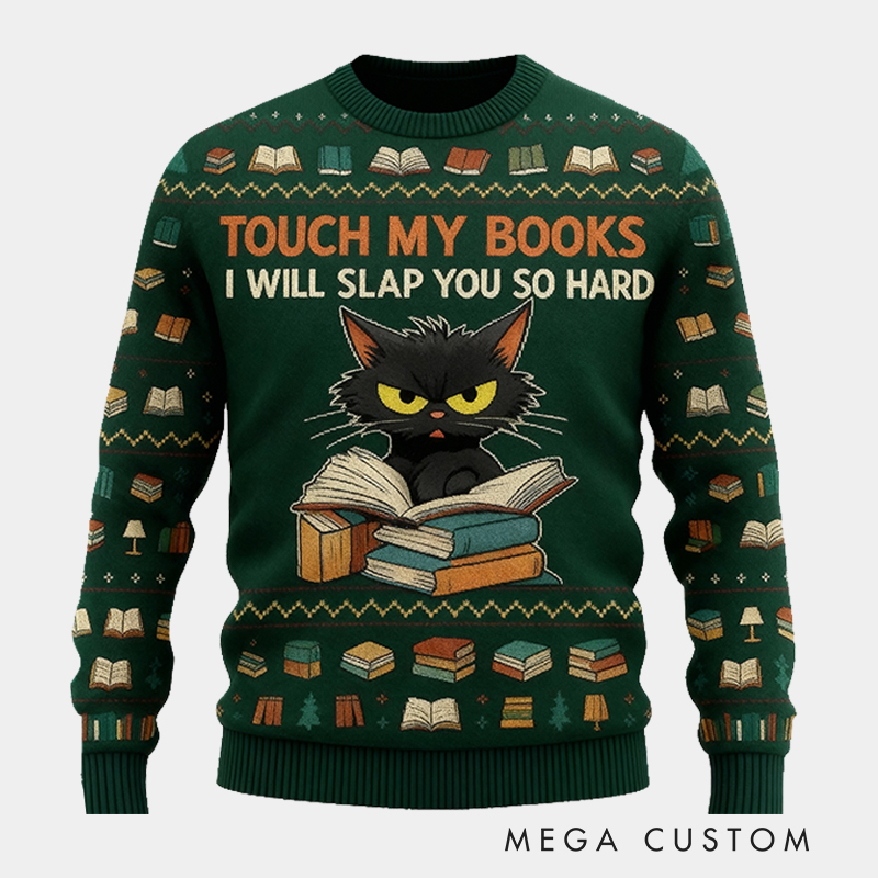 Personalized Fierce Cat Reader Ugly Christmas Sweater Gift for Librarians Book Enthusiasts