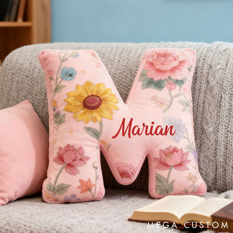 Personalized Sunflower Lotus Initial Pillow Custom Floral Letter Throw Pillow for Her Christmas Home Decor Gift Pillow