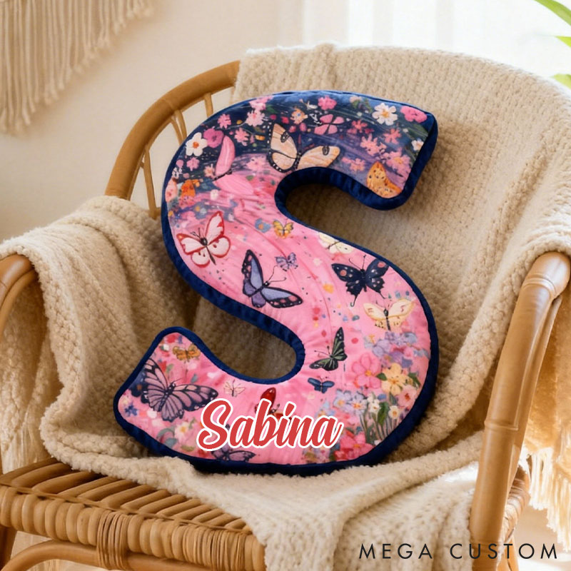 Personalized Butterfly and Floral Letter Pillow Custom Elegant Flowers Pattern Throw Pillow Christmas Butterflies Decor Pillow for Her Him