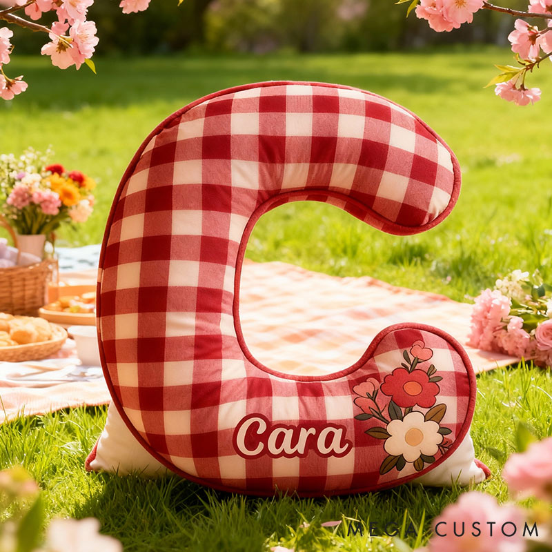 Personalized Red Checkerboard Flower Letter Pillow Initial Flower Throw Pillow Custom Holiday Home Decor Letter Pillow for Flower Girl for Girl friend