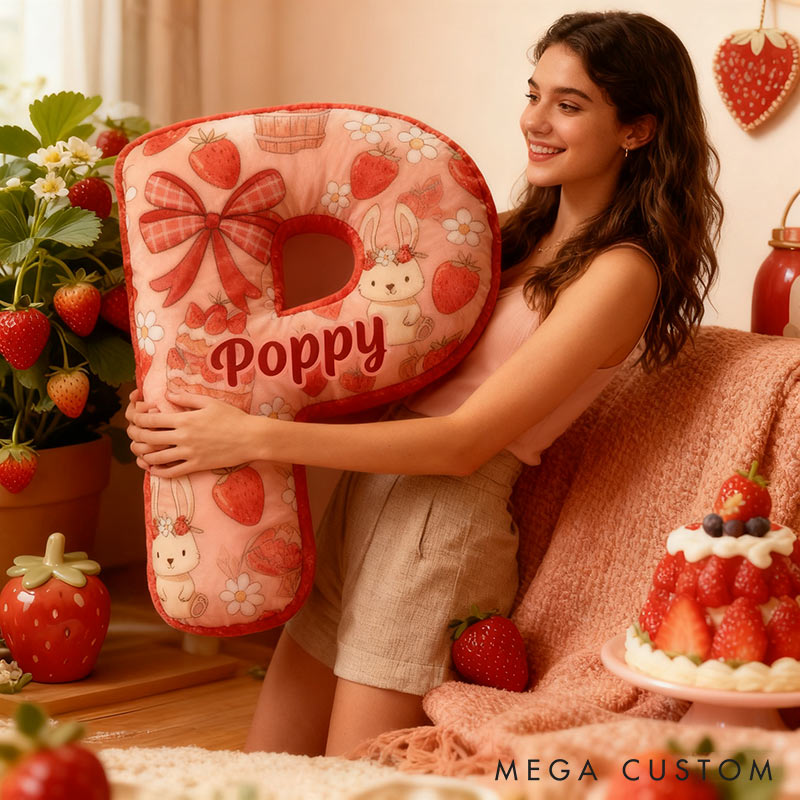 Personalized Strawberry Rabbit Letter Pillow Initial Rabbit Throw Pillow Custom Holiday Home Decor Letter Pillow for Flower Girl for Girl friend