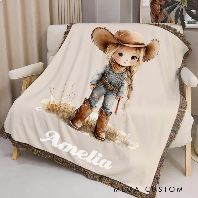 Personalized Cartoon Cowboy Cowgirl Tassel Soft Throw Blanket with Name Home Decor Birthday Gift for Kids Cowboy Lovers