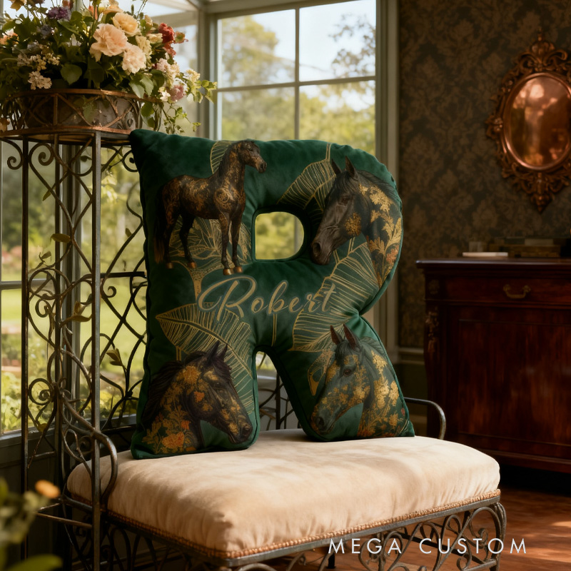 Personalized Riding Equestrian Leaves Letter Pillow Horse Custom Name Festive Golden Decor with French Countryside Gifts for Family Graphic 3D Print for Riding Lovers Equestrian Lovers