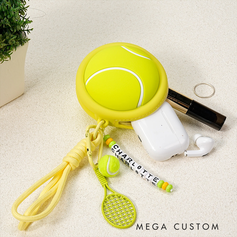 Personalized name keychain with beads, tennis ball charms, racket and ball charms, waterproof silicone storage pouch for headphones, gift for tennis lovers