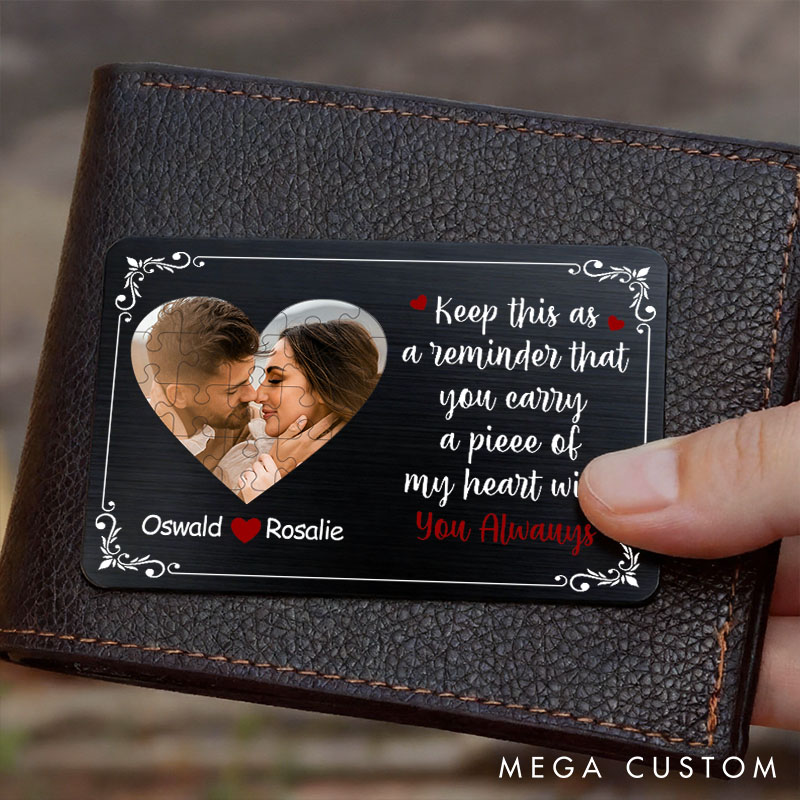 Personalized Couple Keep This As A Reminder Puzzle Style Heart Photo Wallet Card with Name Anniversary Valentine's Day Gift for Boyfriend Husband Him