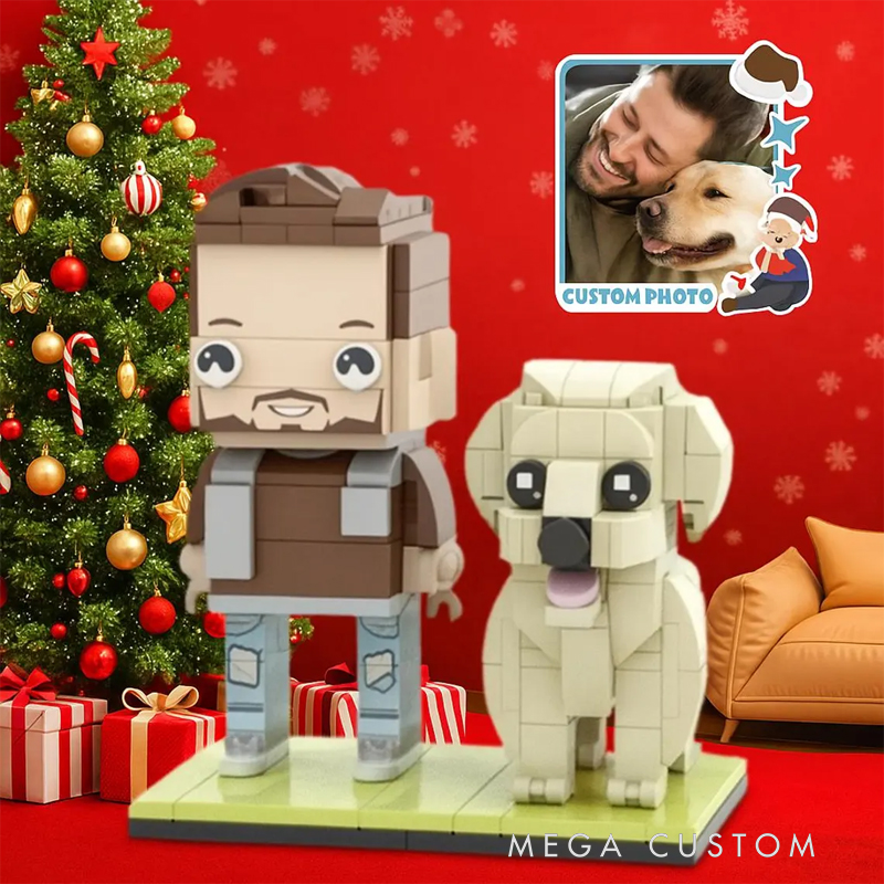 Personalized Christmas Custom Human & Dog Brick Set - Personalized Minifigure Building Blocks, Custom Photo Pet & Owner Holiday Gift