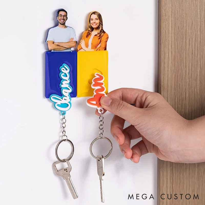 Personalized Couple Multicolor 3D-Printed Wall Key Holder Set with Name and Photo Home Decor Anniversary Valentine's Day Gift for Newlyweds Couple