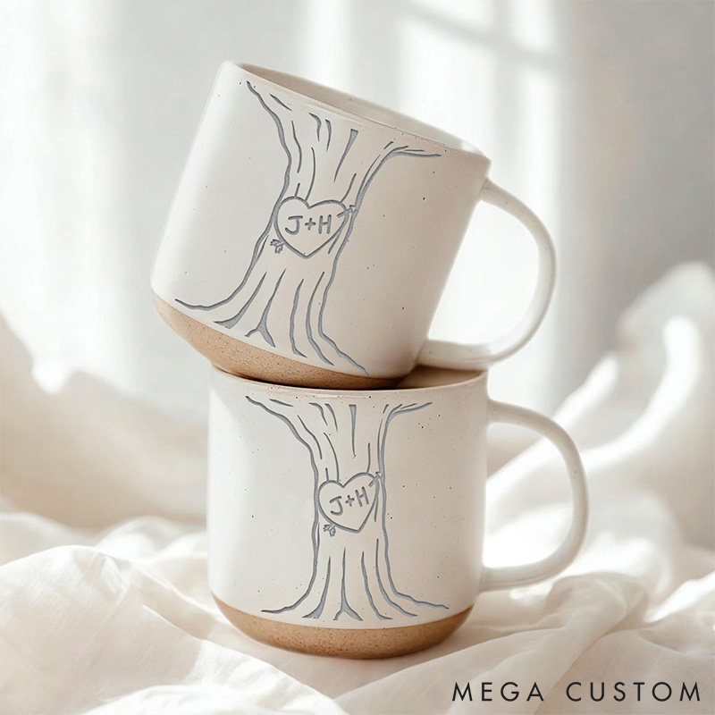 Personalized Carved Initials In A Heart Tree Couple Mug Engraved Couple Pottery Mug Valentine's Day Gift for Couple Him Her Mug for Husband  Wife