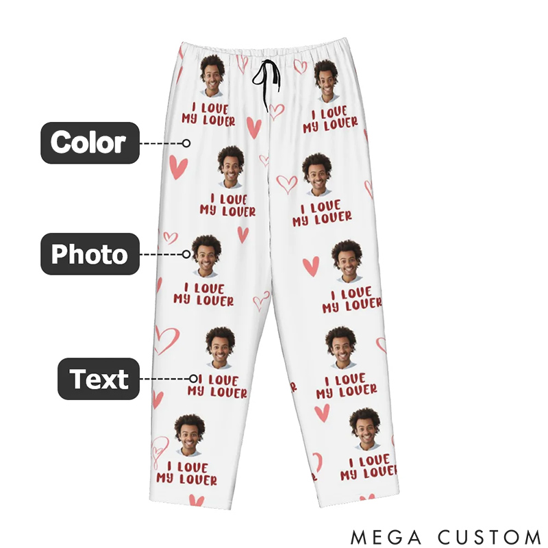 Personalized Valentine's Day Couple Faces Photo Matching Pajama Pants Custom Man Woman Photo Portrait Long Pjs Bottoms Anniversary Gift for Him Her