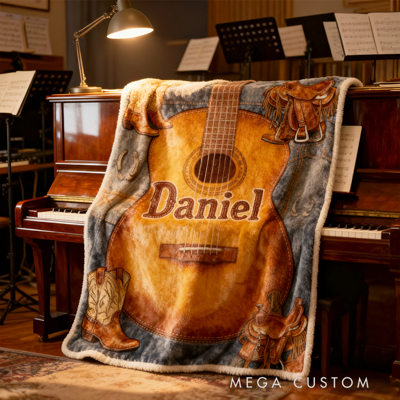 Personalized West Cowboy Guitar Blanket Flannel Blanket Music Blanket with Name for Him for Husband Boyfriend Son Friends Familys