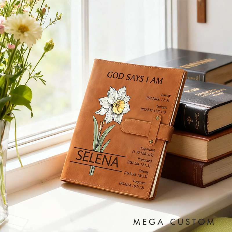 Personalized God Says you are Birth Flower PU Leather Notebook Cover with Name Religious Gift Birthday Gift for Christian