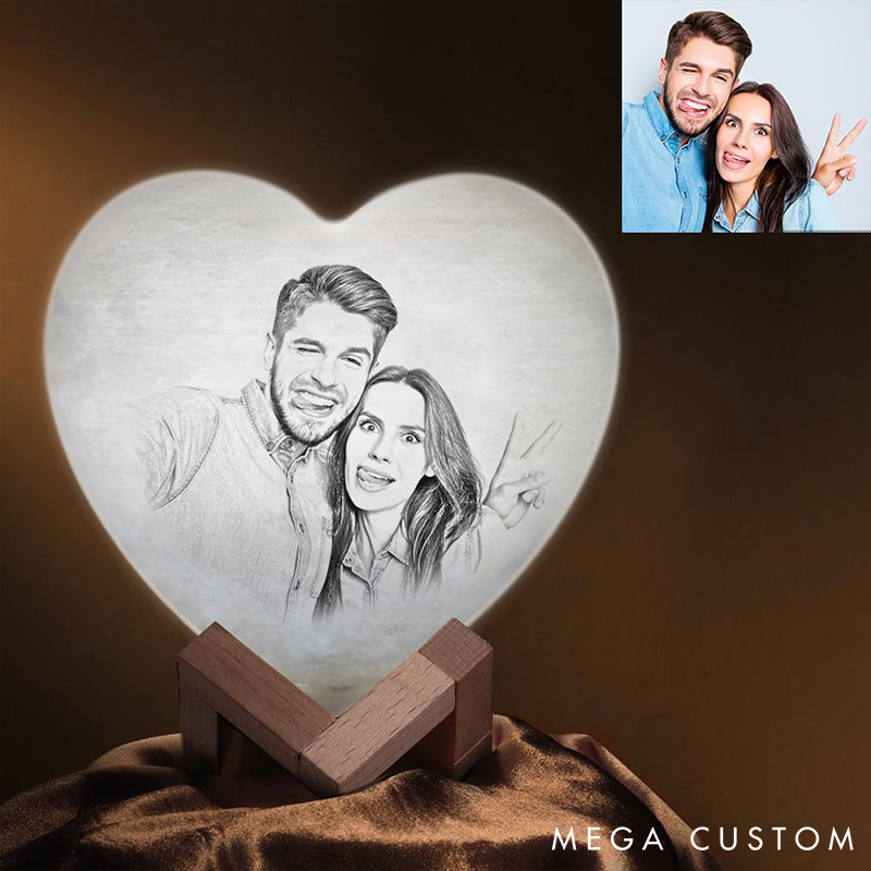 Personalized Couple Photo Heart Moon Night Light Moon Touch Lamp from Your Photo 3D Printed Lunar Led Table Lamp Anniversary Valentines Day Gift