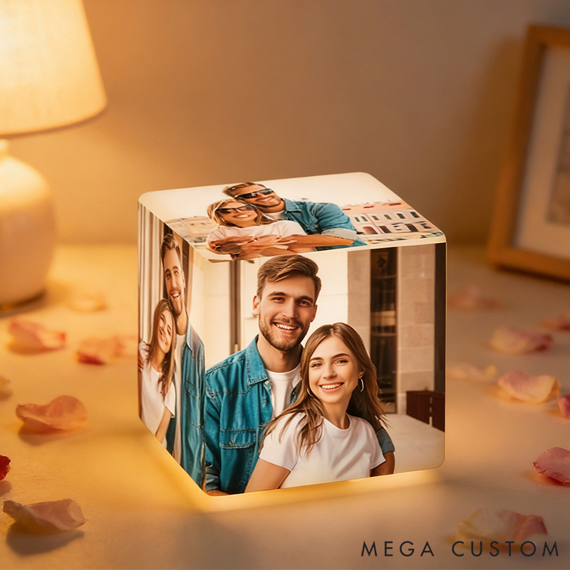 Personalized Couple Photo Cube Night Light Custom Wedding Newlyweds Cube Table Lamp With 6 Pictures Valentines Day Gift Engagement Anniversary Gift