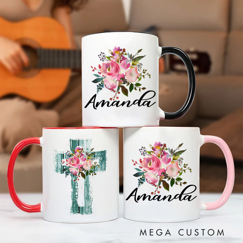Personalized Pink Watercolor Florals and Teal Cross Christian Ceramic Inner Color Mug with Name Religious Gift Birthday Gift for Women