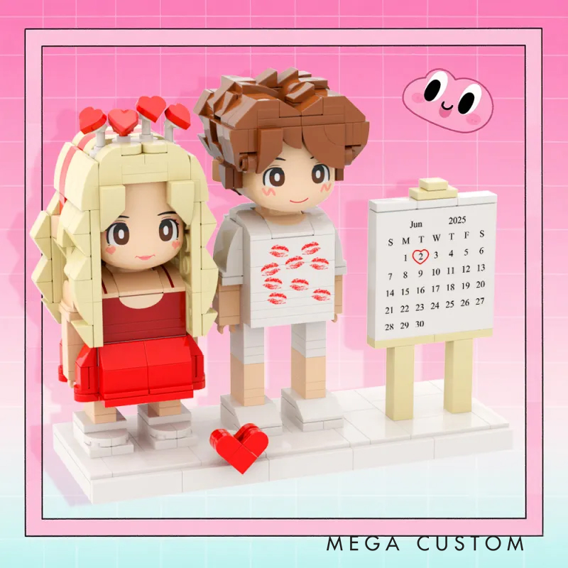 Personalized Custom Couple Brick Figure Set with Calendar - Personalized Photo Minifigure Building Blocks, Valentine’s/Anniversary Gift