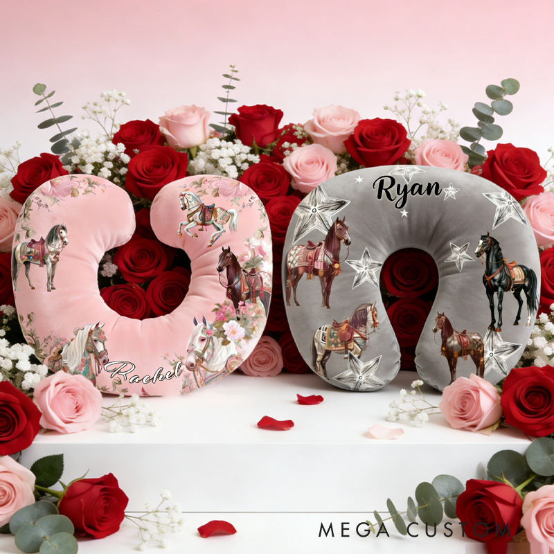 Personalized Couple Riding Horse Travel U-Shaped Pillow for Couple Valentain Pillow Gift for Riding Lovers Equestrian Lovers