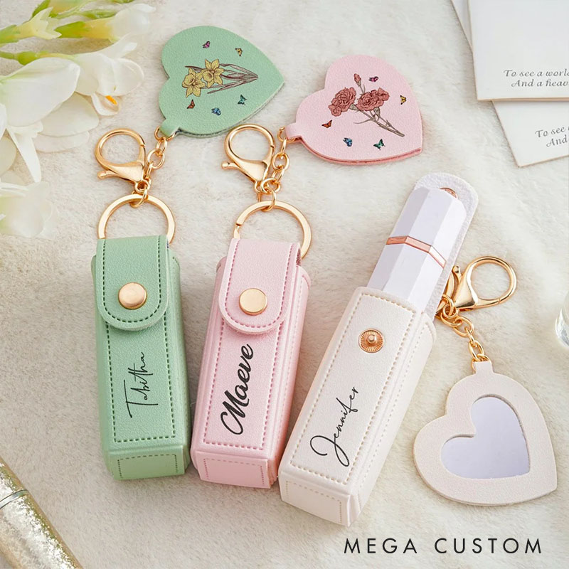 Personalized Girlfriend Birth Flower PU Leather Name Lipstick Case Keychain with Heart-shaped Mirror Wife Makeup Essentials Women Valentines Day Gift