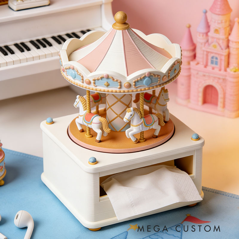Carousel Music Box Tissue Box Cover 3D Printed Room Decor Cute Tissue Box Cover for Desk Room Kitchen or Bathroom