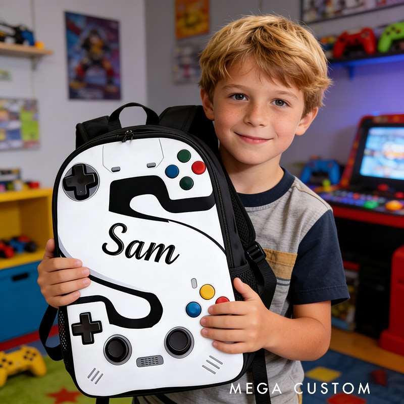 Personalized Game Controller Backpack with Letter Design and Custom Name for Kids and Game Lovers Birthday Black to School Christmas Gift