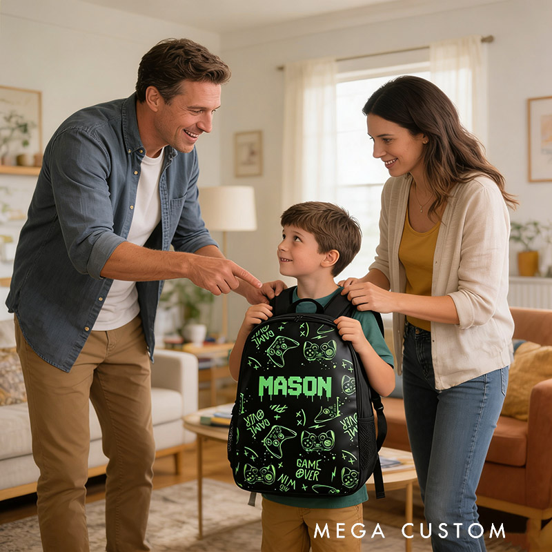 Personalized Graffiti Game Controller Backpack Custom Name for Kids and Game Lovers Birthday Black to School Christmas Gift