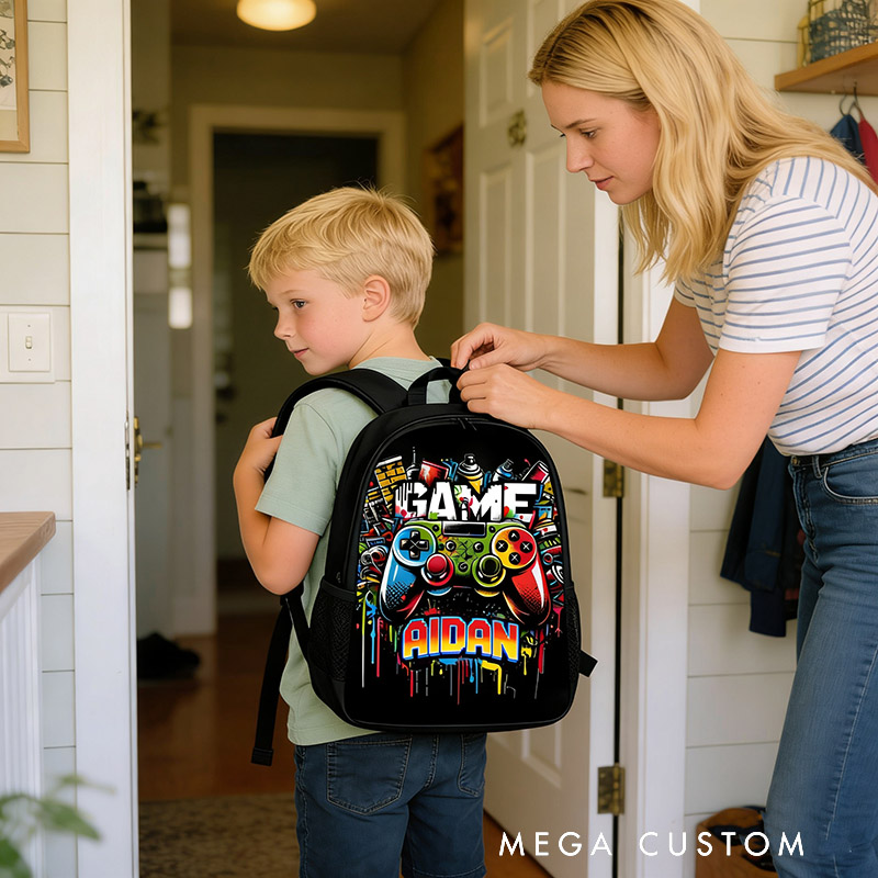 Personalized Colorful Graffiti Game Controller Backpack Custom Name for Kids and Game Lovers Birthday Black to School Christmas Gift