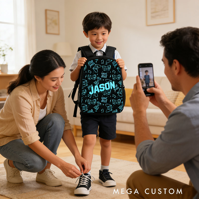 Personalized Blue Watercolor Style Game Controller Backpack Custom Name for Kids and Game Lovers Birthday Black to School Christmas Gift