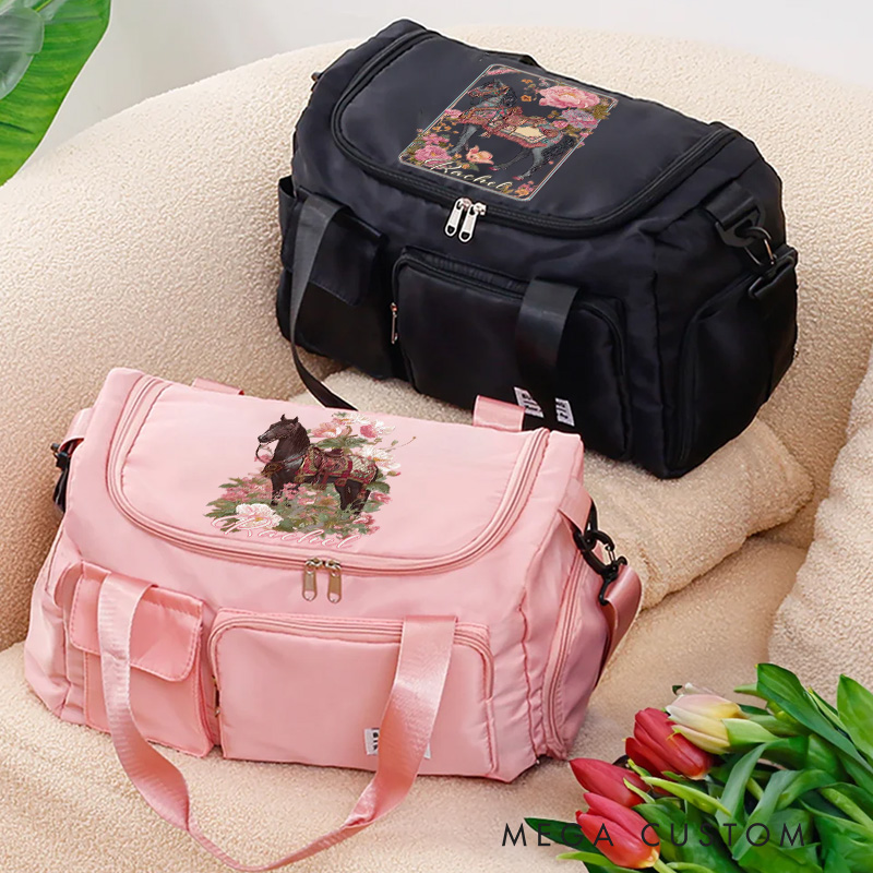 Personalized Horse Riding Duffle Bag Waterproof Equestrian Multi Compartment Travel Bag with Name and Shoulder Strap Travel Accessories Birthday Gift for Women Girls Overnight Bag Gift for Horse Lovers Riding Lovers Equestrian Lovers