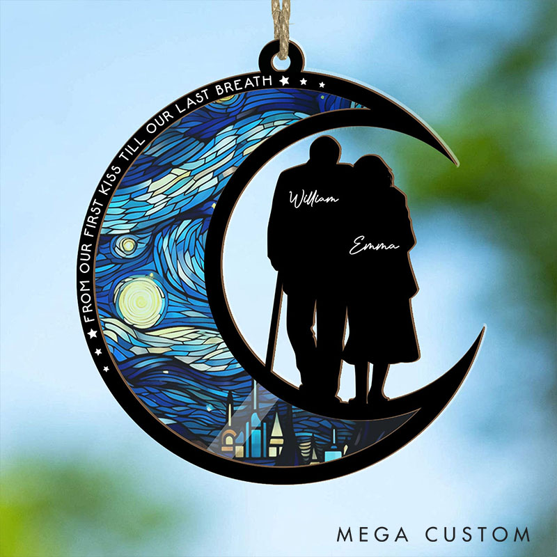 Personalized Couple From Our First Kiss Till Our Last Breath Suncatcher Moon Shaped Starry Night Style Window Decor Anniversary Valentines Day Gift