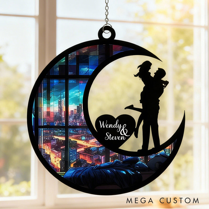 Personalized Couple Silhouette Love To The Moon and Back Suncatcher Custom Moon Shaped Window Decor Anniversary Gift Valentines Day Gift for Him Her